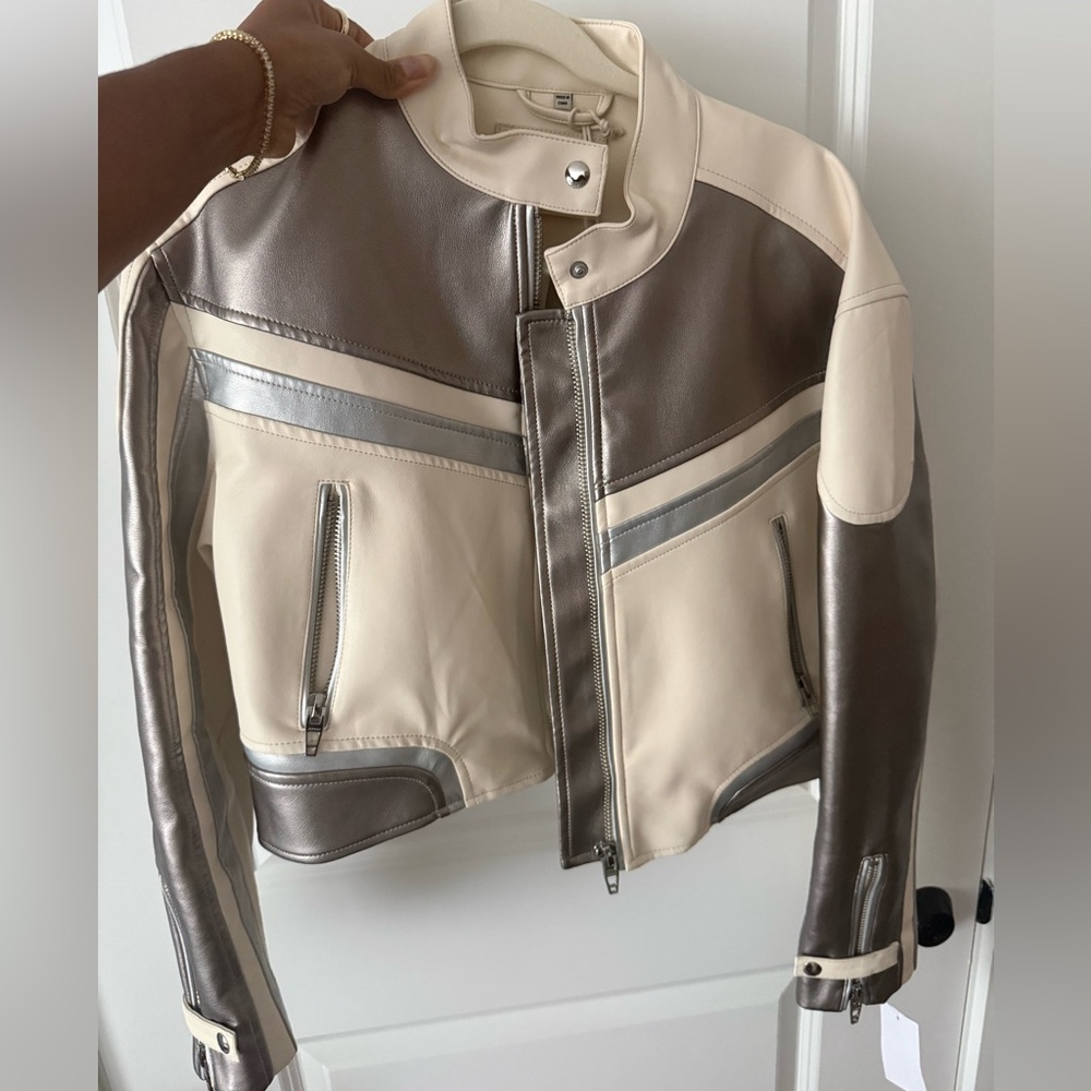 Cream & Metallic Taupe Women's Moto Jacket